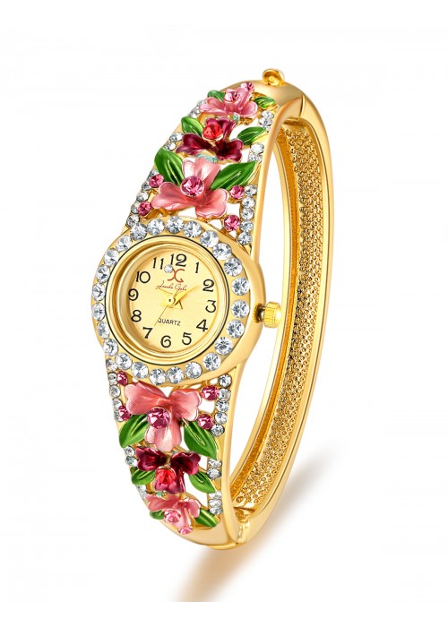 Jewels Galaxy Pink Gold-Plated Handcrafted Bangle-Style Bracelet cum Watch 9075