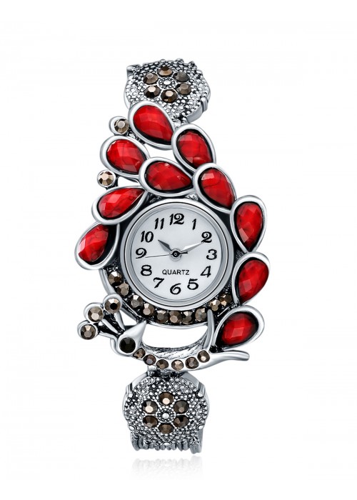 Jewels Galaxy Maroon Silver-Plated Handcrafted Bracelet cum Watch 9088