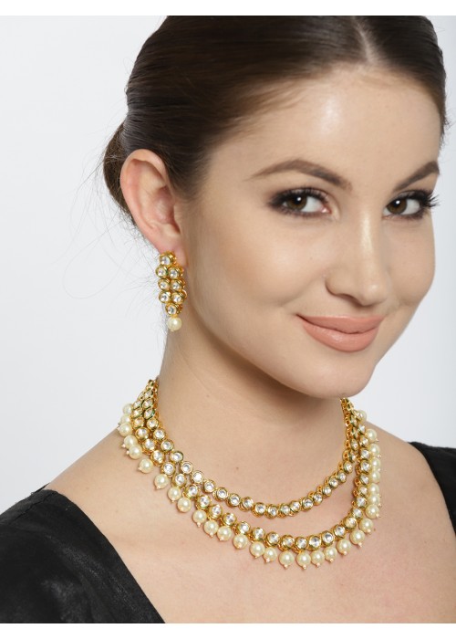Jewels Galaxy Gold-Toned Dual-Stranded Kundan Jewellery Set 1486
