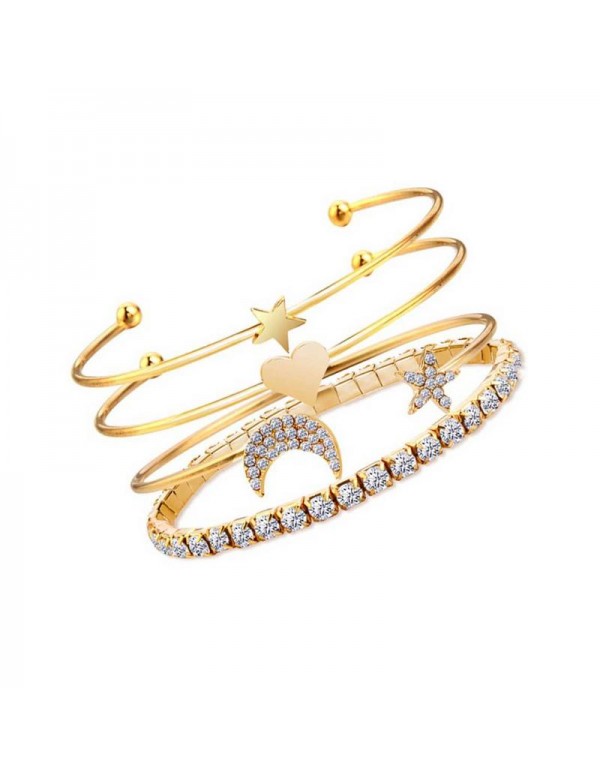 Jewels Galaxy Scintillating American Diamond Star & Moon Design Gold Plated Bracelet For Women/Girls (Pack of 4) 49006