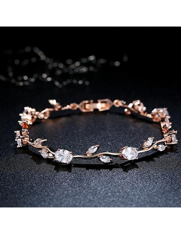 Jewels Galaxy Elegant Crystal Leaf Design Rose Gol...