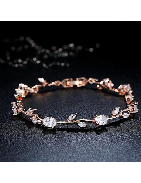 Jewels Galaxy Elegant Crystal Leaf Design Rose Gold Brilliant Charm Bracelet For Women/Girls 49030