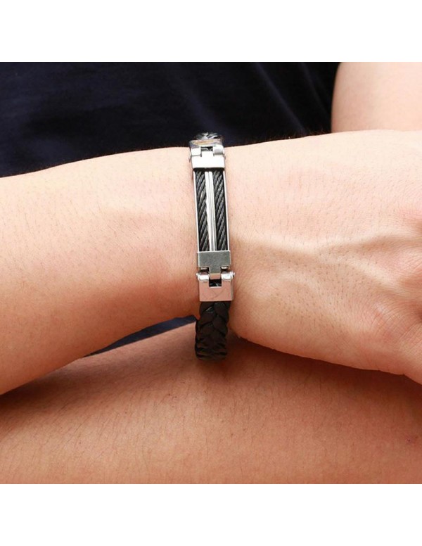 Jewels Galaxy Men's Fashion Stainless Steel Wrap Cuff Clasp Leather Bracelet For Men 49068