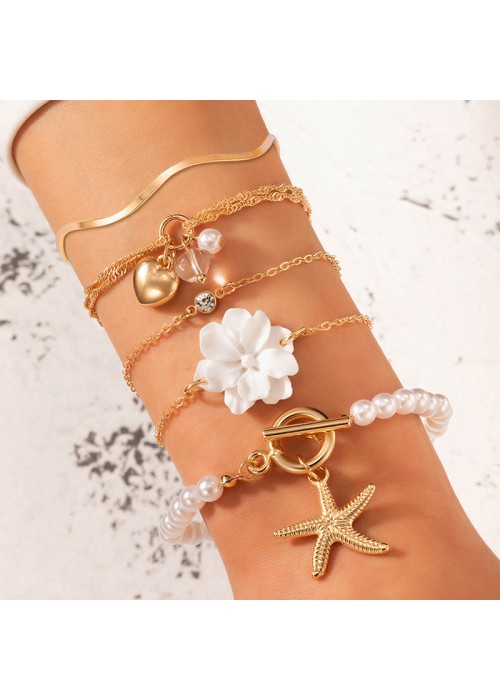 Jewels Galaxy Gold-Toned Gold Plated Set of 5 Contemporary Stackable Korean Bracelet Set For Women and Girls