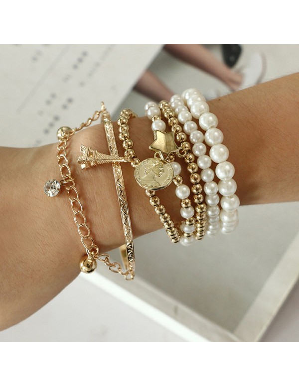 Jewels Galaxy Gold Plated Pearl Studded Multistrand Korean Bracelet For Women and Girls
