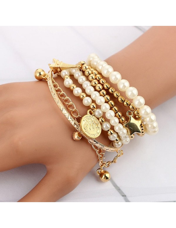 Jewels Galaxy Gold Plated Pearl Studded Multistrand Korean Bracelet For Women and Girls