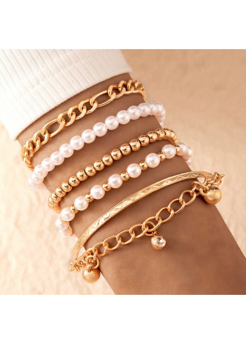 Jewels Galaxy Gold-Plated Gold Toned Pearl studded Set of 5 Contemporary Stackable Bracelet Set For Women and Girls
