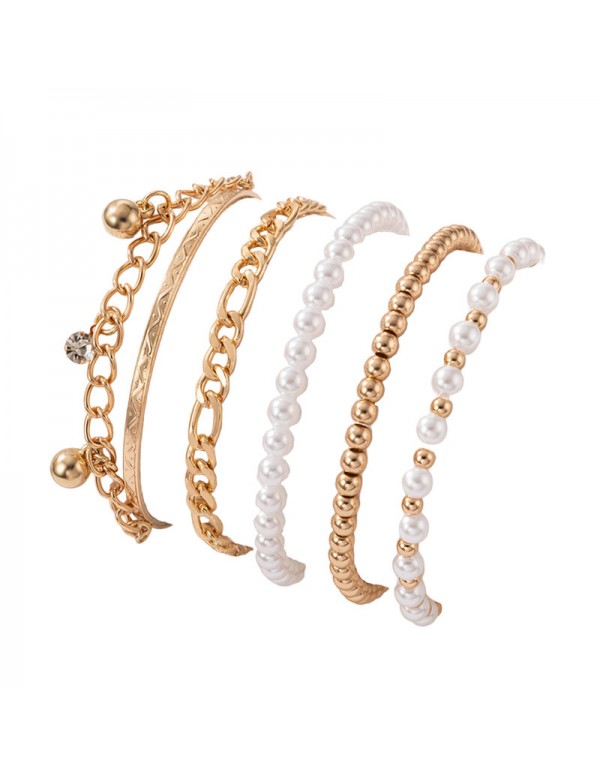 Jewels Galaxy Gold-Plated Gold Toned Pearl studded Set of 5 Contemporary Stackable Bracelet Set For Women and Girls