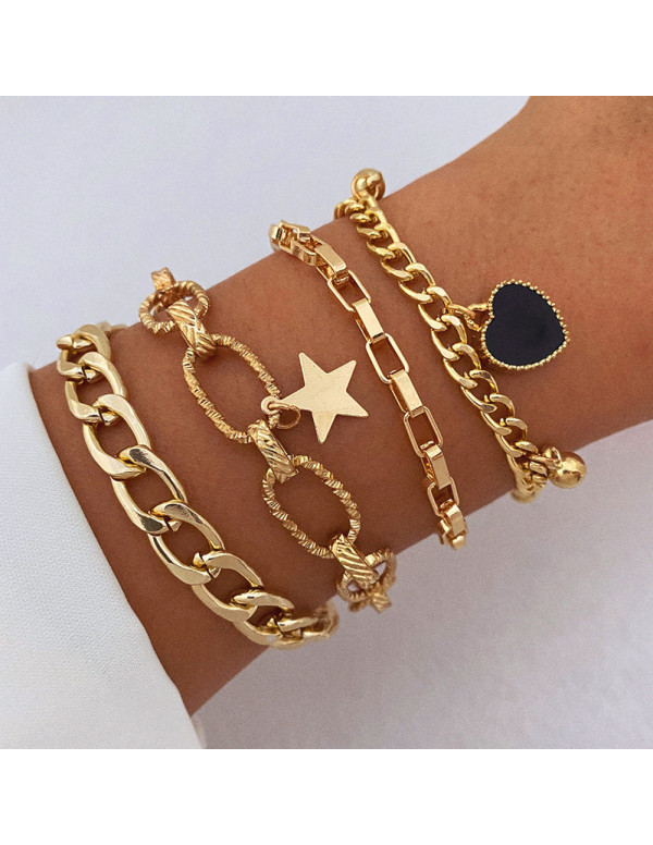 Jewels Galaxy Gold Plated Heart-Star Contemporary Set of 4 Bracelet Set For Women and Girls