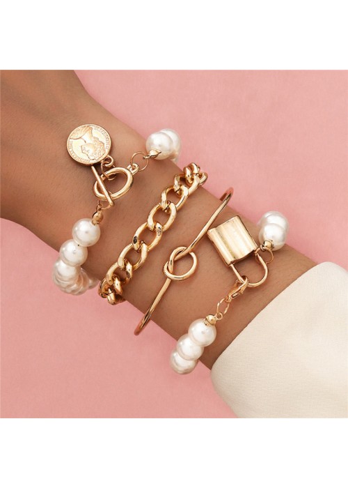 Jewels Galaxy Gold Plated Pearl Studded Contemporary Set of 4 Stackable Korean Bracelet Set For Women and Girls