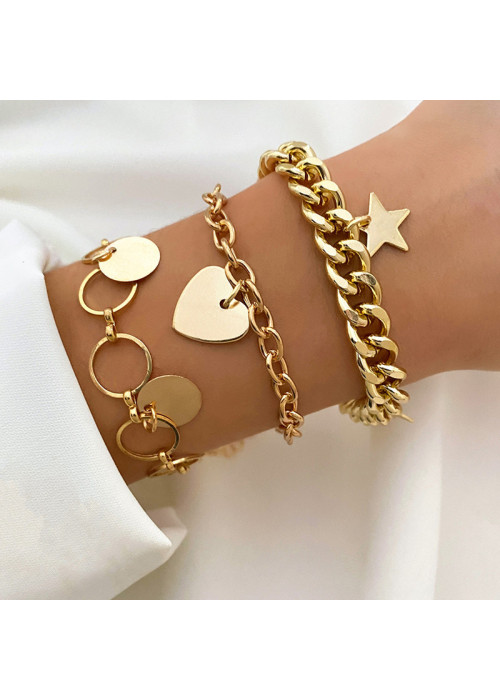 Jewels Galaxy Gold Plated Heart-Star Contemporary Set of 3 Bracelet Set For Women and Girls