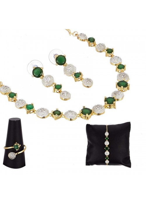 Jewels Galaxy Gold Toned - Gold Plated Green AD Jewellery Set 49501