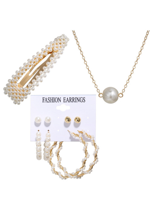 Jewels Galaxy Stunning Pearl Gold Plated Earrings with Hair Clip and Necklace for Women/Girls 49531