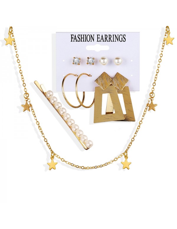 Jewels Galaxy Marvelous Pearl Gold Plated Geometric Earrings with Hair Clip and Necklace for Women/Girls 49533