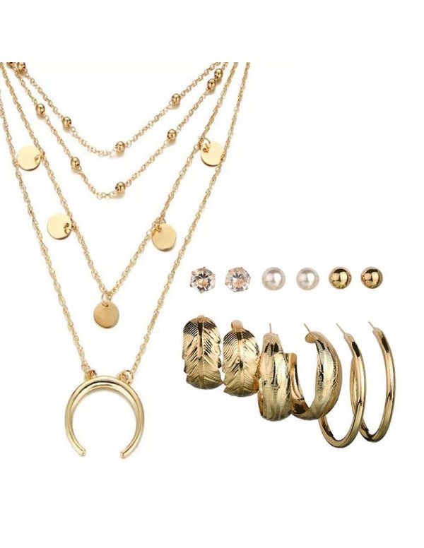 Jewels Galaxy Gold Plated Layered Necklace and Gold Plated Set of 6 Contemporary Studs and Hoop Earrings Combo For Women and Girls
