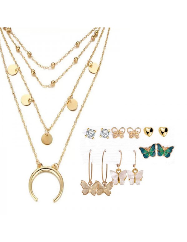 Jewels Galaxy Gold Plated Layered Necklace and Gold Plated Set of 6 Butterfly inspired Contemporary Studs and Drop Earrings Combo For Women and Girls
