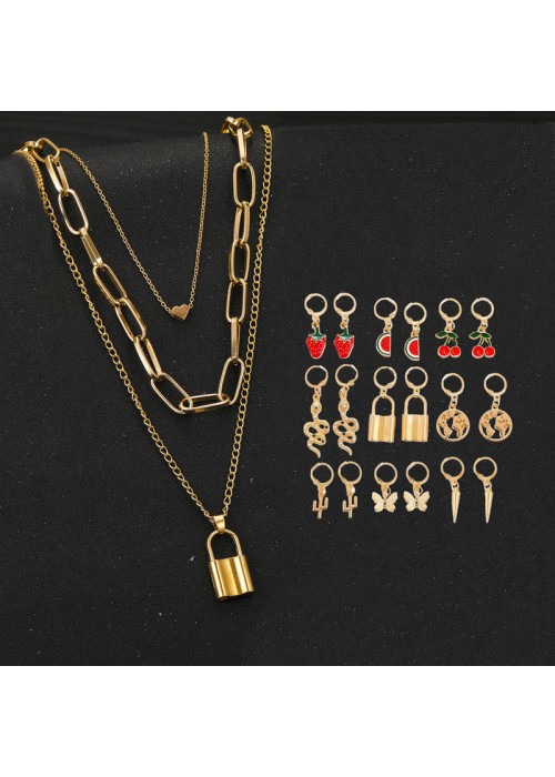 Jewels Galaxy Gold Plated Layered Necklace and Gold Plated Set of 9 Contemporary Drop Earrings Combo For Women and Girls