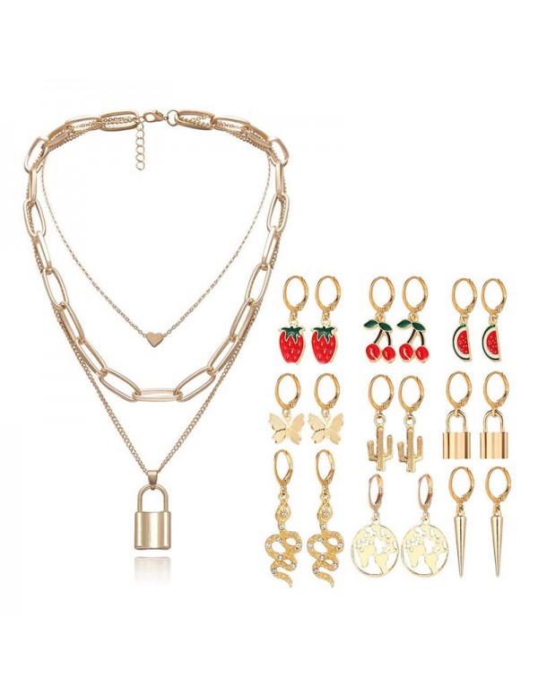 Jewels Galaxy Gold Plated Layered Necklace and Gold Plated Set of 9 Contemporary Drop Earrings Combo For Women and Girls