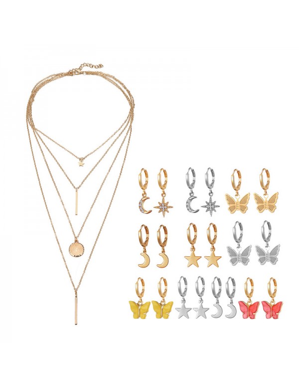 Jewels Galaxy Gold Plated Layered Necklace and Gold Plated Set of 10 Butterfly inspired Contemporary Drop Earrings Combo For Women and Girls