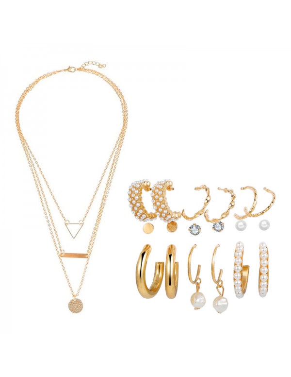 Jewels Galaxy Gold Plated Layered Necklace and Gold Plated Set of 9 Contemporary Studs and Hoop Earrings Combo For Women and Girls