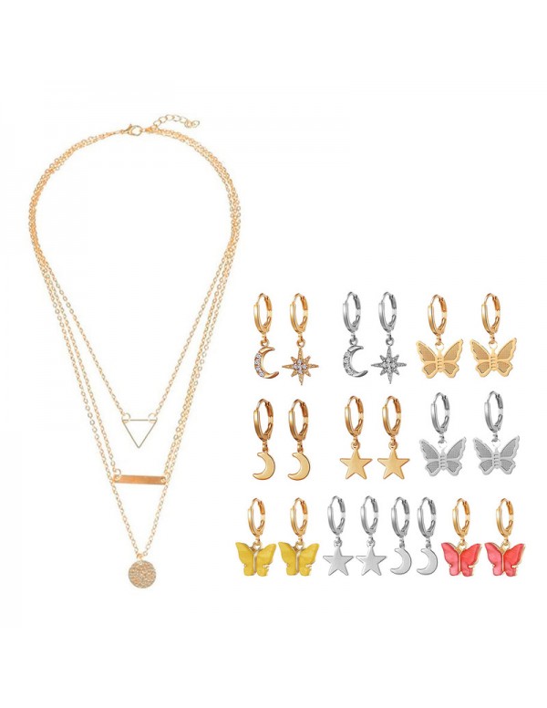 Jewels Galaxy Gold Plated Layered Necklace and Gold Plated Set of 10 Butterfly inspired Contemporary Drop Earrings Combo For Women and Girls