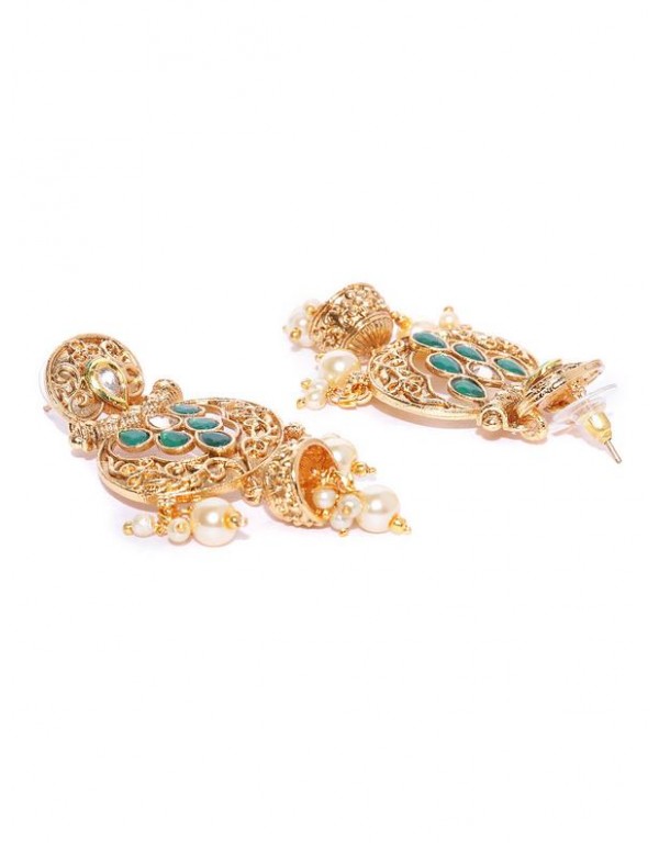 Jewels Galaxy Green Antique Gold-Plated Stone-Studded Textured Classic Drop Earrings 45039