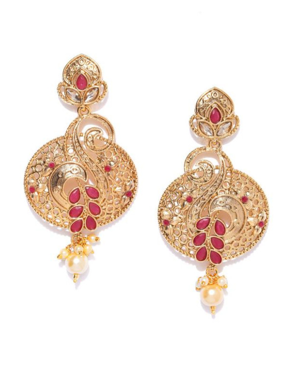 Jewels Galaxy Pink Antique Gold-Plated Stone-Studded Classic Drop Earrings 45043