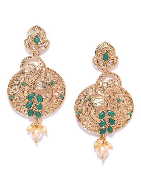 Jewels Galaxy Green Antique Gold-Plated Stone-Studded Classic Drop Earrings 45044