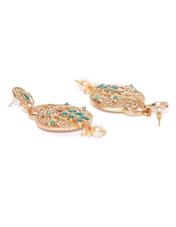 Jewels Galaxy Green Antique Gold-Plated Stone-Studded Classic Drop Earrings 45044