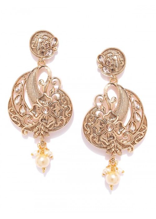 Jewels Galaxy Gold-Plated Stone-Studded & Beaded Textured Floral Drop Earrings 45045