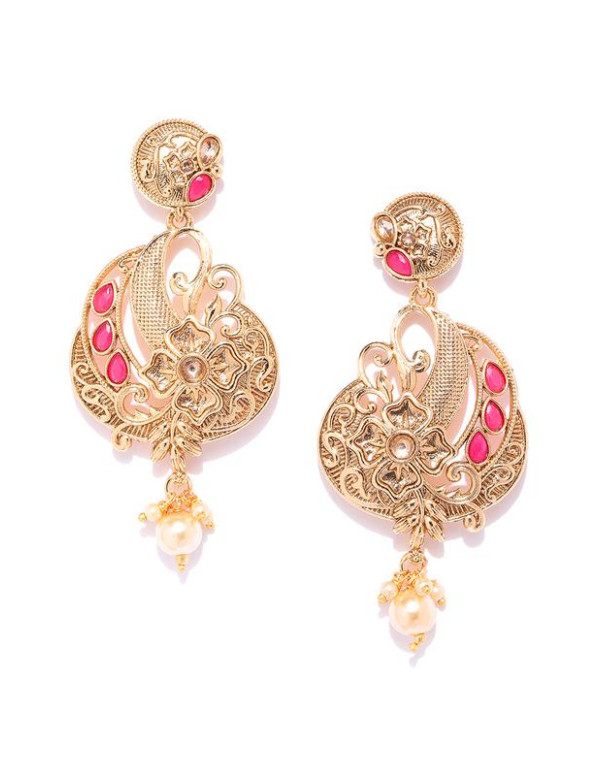 Jewels Galaxy Pink Antique Gold-Plated Stone-Studded Classic Drop Earrings 45046