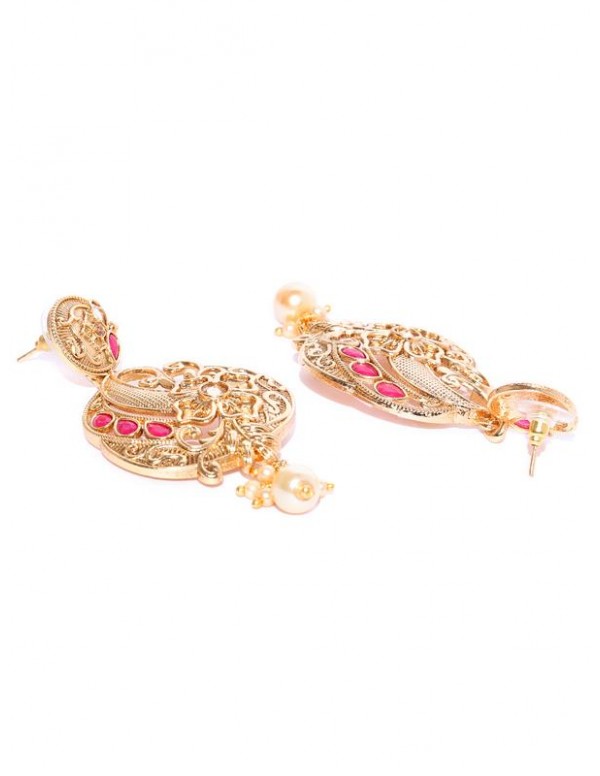 Jewels Galaxy Pink Antique Gold-Plated Stone-Studded Classic Drop Earrings 45046