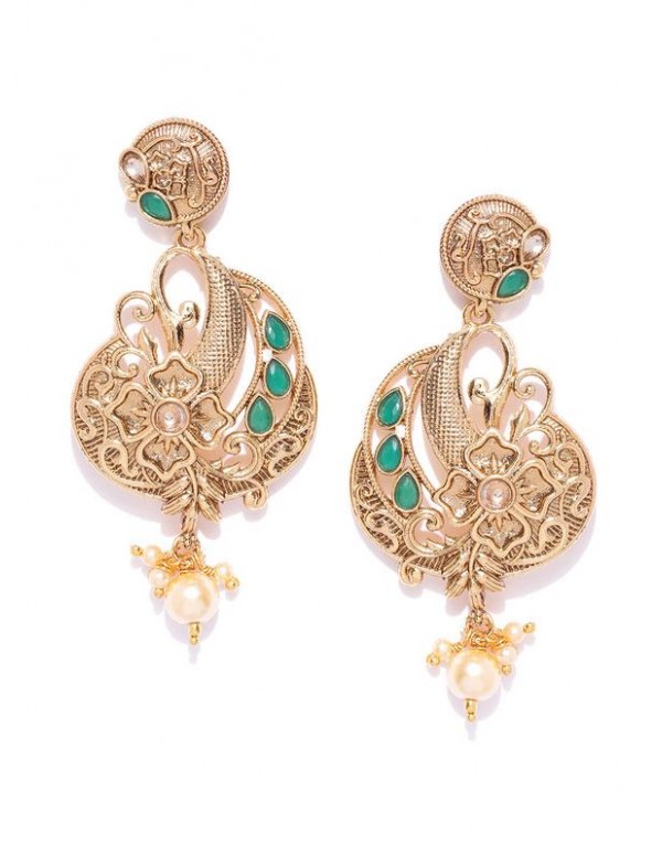 Jewels Galaxy Green Gold-Plated Stone-Studded & Beaded Textured Floral Drop Earrings 45047