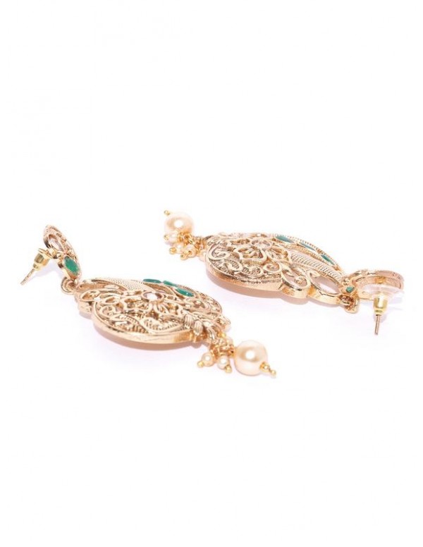 Jewels Galaxy Green Gold-Plated Stone-Studded & Beaded Textured Floral Drop Earrings 45047