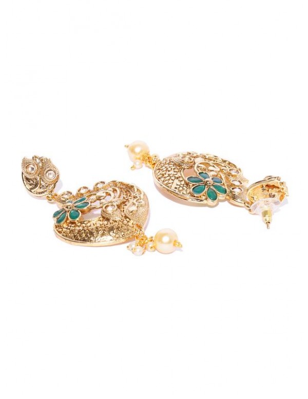 Jewels Galaxy Green Antique Gold-Plated Stone-Studded Classic Drop Earrings 45050