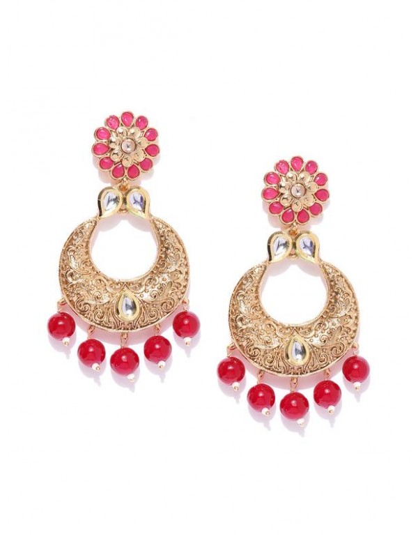Jewels Galaxy Red Gold-Plated Stone-Studded Crescent-Shaped Chandbalis 45053