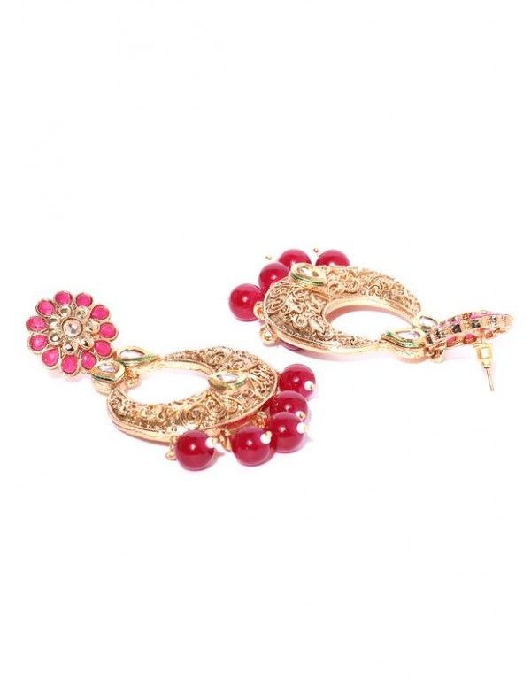 Jewels Galaxy Red Gold-Plated Stone-Studded Crescent-Shaped Chandbalis 45053