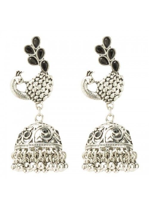 Jewels Galaxy Glitzy Mayur Design Silver Plated Jhumkis For Women/Girls 45123