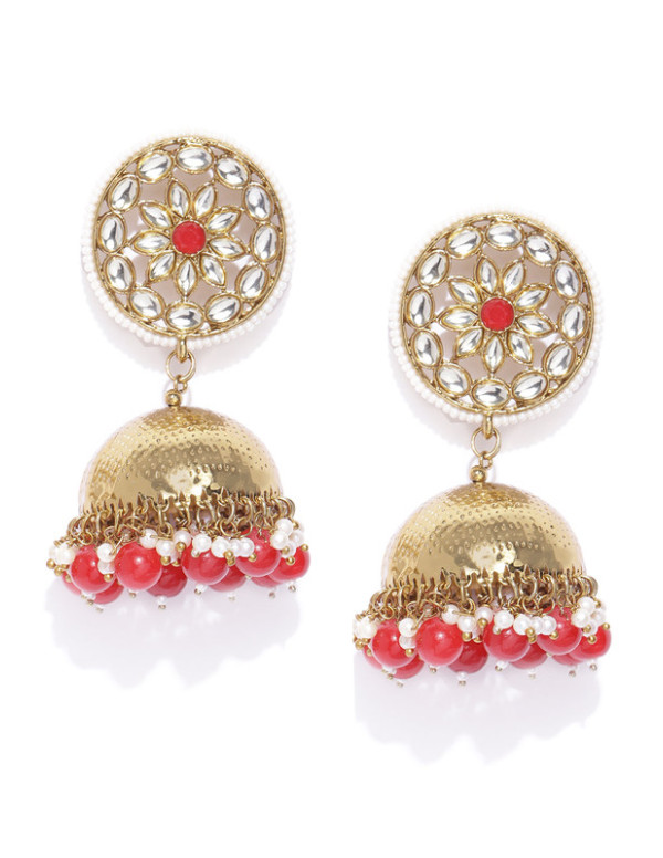 Jewels Galaxy Red Gold Plated Beads Studded Jhumki Earrings 45133