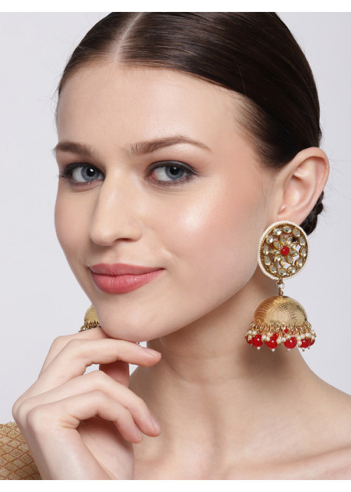 Jewels Galaxy Red Gold Plated Beads Studded Jhumki Earrings 45133