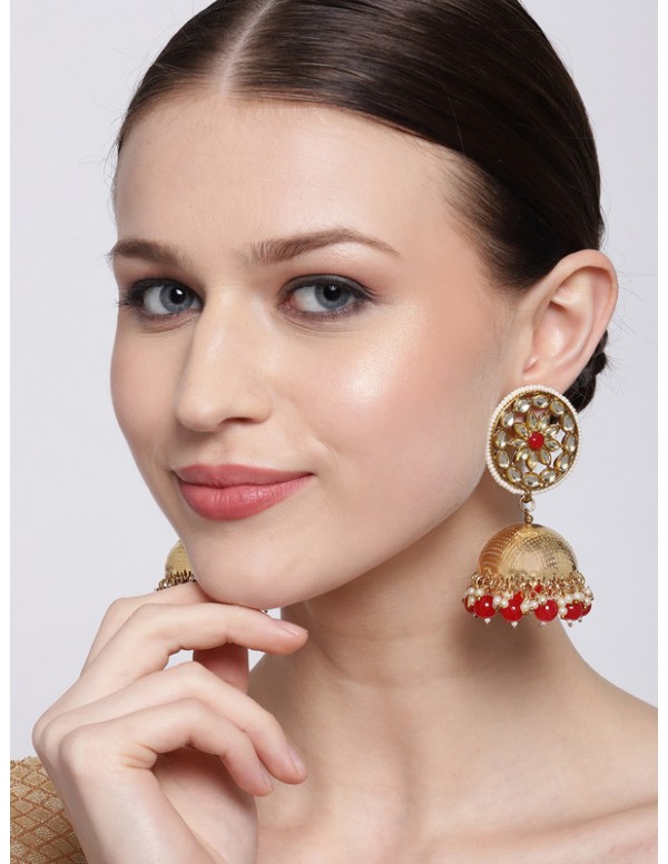 Jewels Galaxy Red Gold Plated Beads Studded Jhumki...
