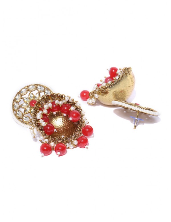 Jewels Galaxy Red Gold Plated Beads Studded Jhumki Earrings 45133
