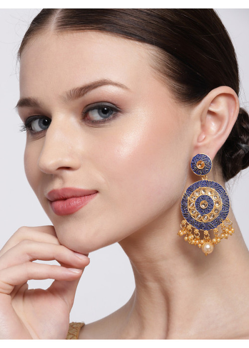 Jewels Galaxy Blue Gold Plated Pearl Studded Drop Earrings 45134