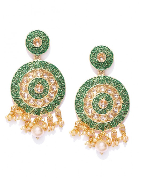 Jewels Galaxy Green Gold Plated Pearl Studded Drop Earrings 45136