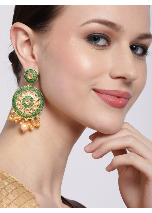 Jewels Galaxy Green Gold Plated Pearl Studded Drop Earrings 45136