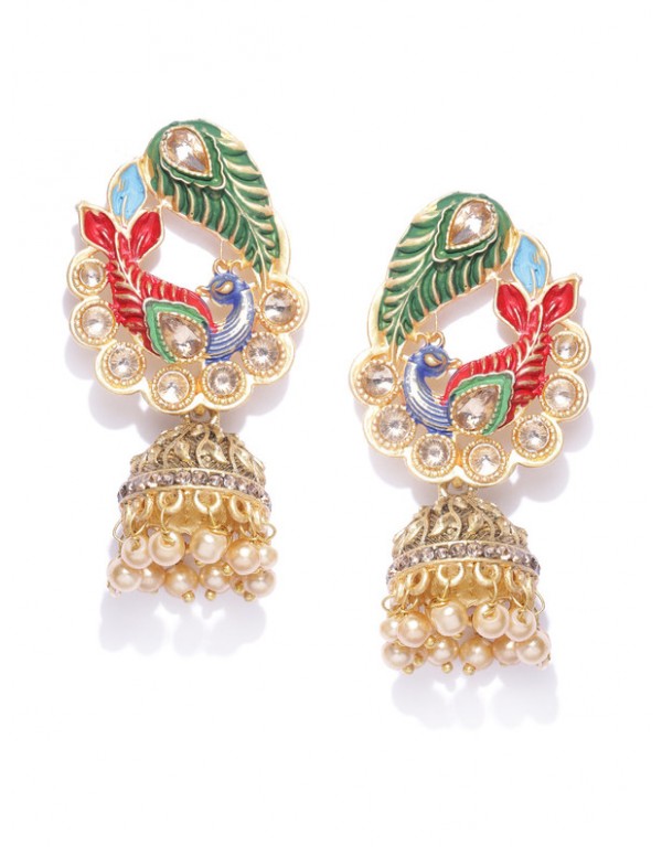 Jewels Galaxy Multicolor Gold Plated Pearl Studded Drop Earrings 45140