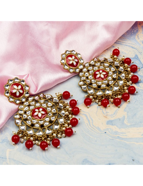 Jewels Galaxy Fabulous Floral Kundan & Beads Gold Plated Chandbali Earrings For Women/Girls 45156