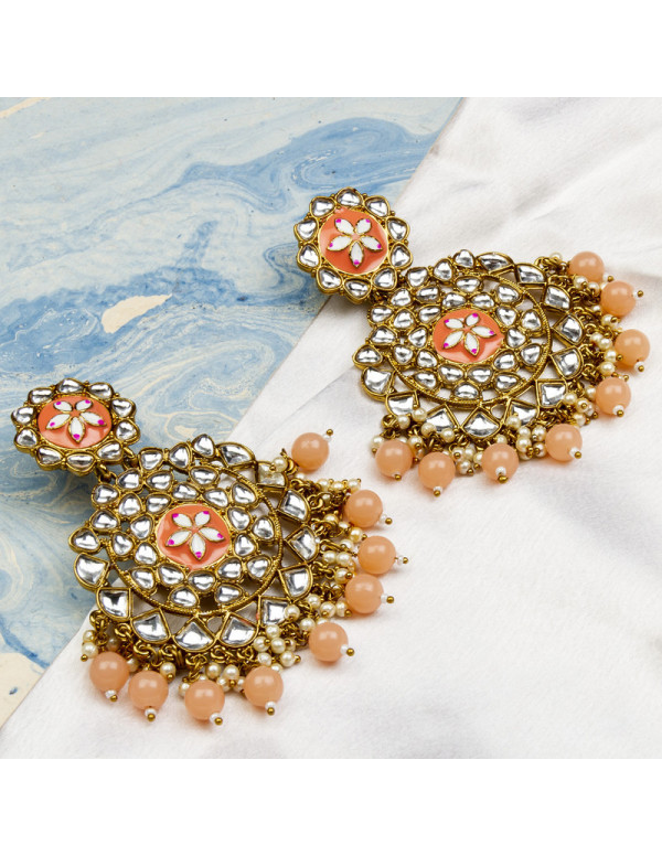 Jewels Galaxy Delicate Floral Kundan & Beads Gold Plated Chandbali Earrings For Women/Girls 45160