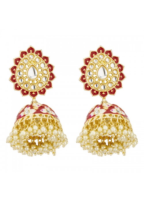 Jewels Galaxy Gold Plated Pearl studded Red Jhumki Earrings 45174