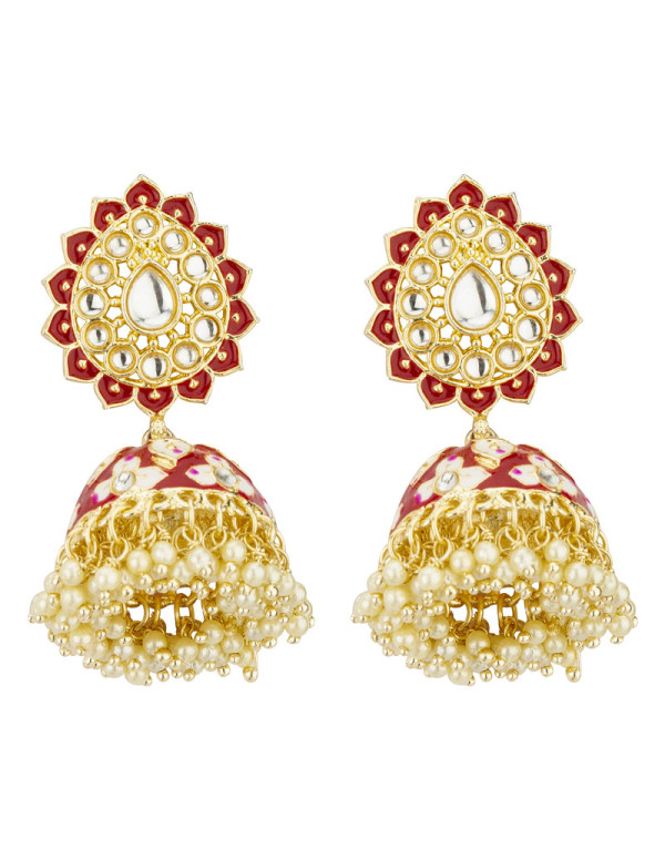 Jewels Galaxy Gold Plated Pearl studded Red Jhumki...